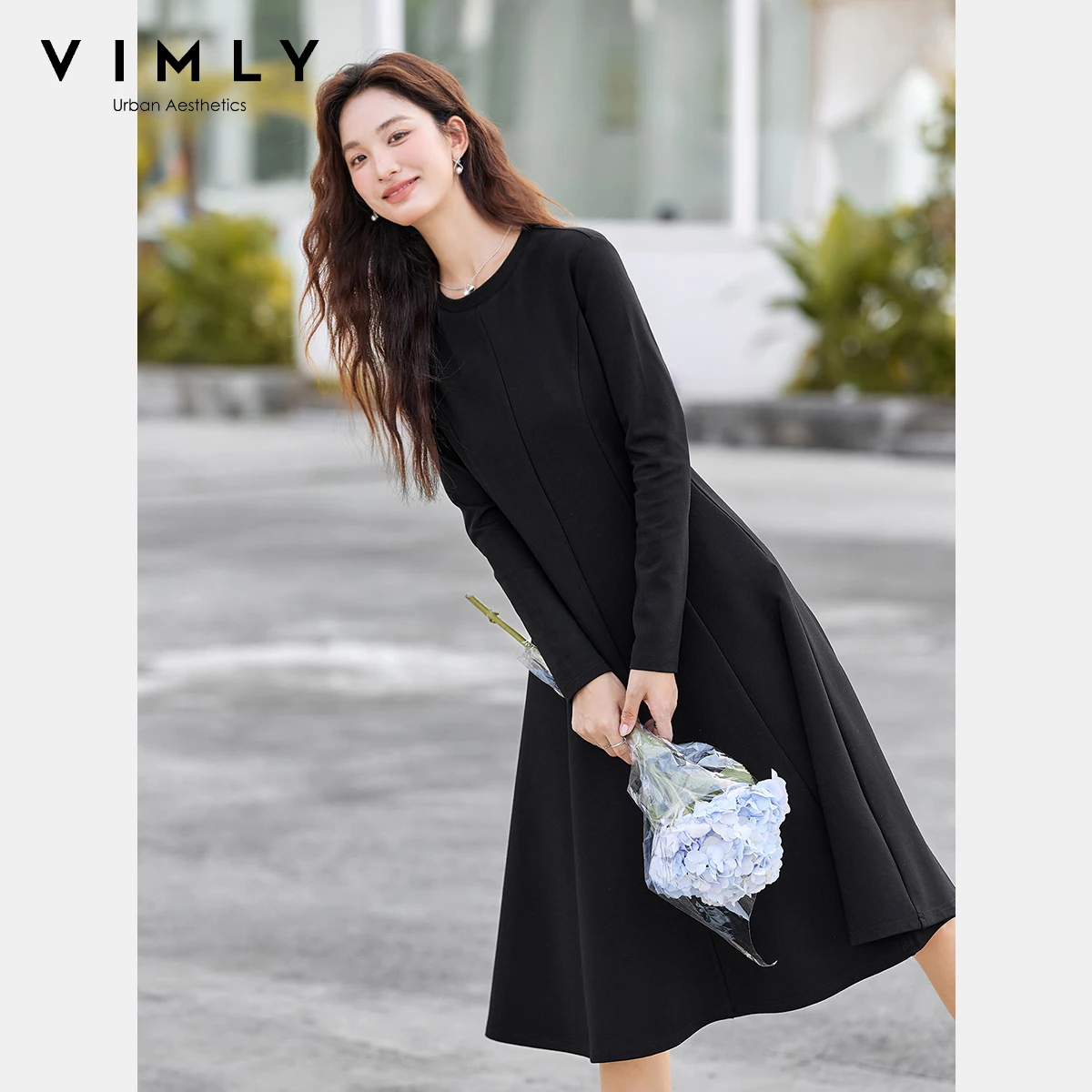 

VIMLY Women's Black Maxi Dress 2025 autumn Elegant Party Long Sleeve Female Dresses Casual Round Neck Slim Ladies Dresses A2822
