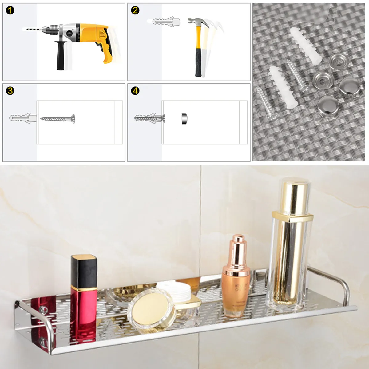 

40Cm Stainless Steel Bathroom Storage Rack No Drilling Adhesive Bathroom Shelf Organizer Shower Cap Shampoo Holder Metal Shelf