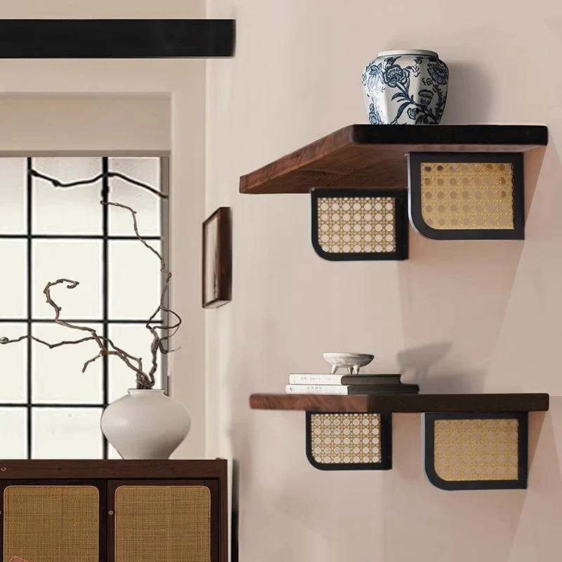 ‌Vintage Wabi-Sabi Wall Shelf Mid-Century Floating Bracket Kitchen Shelf Support Set Home Decoration Wooden Hardware Accessories