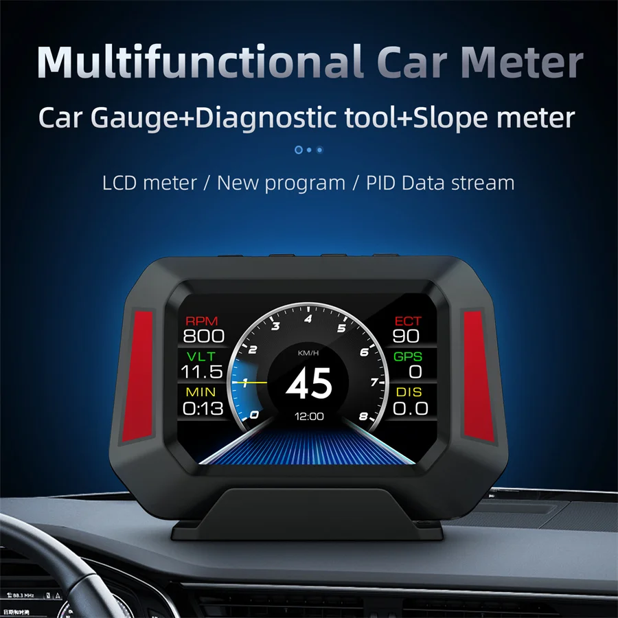 OBD2+GPS+Slope Meter HUD Smart Gauge Speed RPM BAT Alarm Acceleration&Brake Test Scan Fault Code