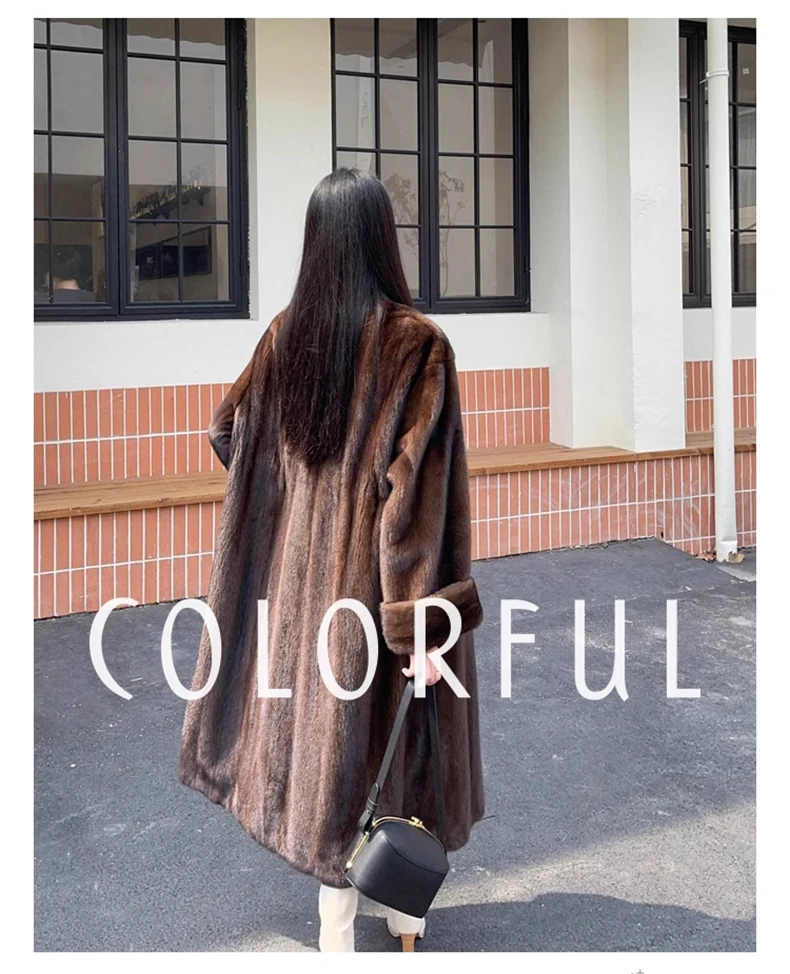Lautaro Winter Long Vintage Elegant Luxury Chic Thick Warm Soft Brown Fluffy Faux Mink Fur Coat Women V Neck Furry Overcoat 2023