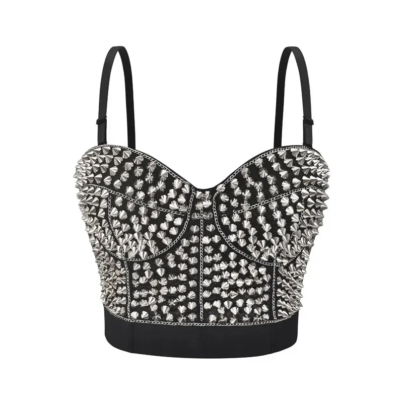 女性のセクシーなホットランジェリーシルバーリベットパンク-bralette-コルセット黒プッシュアップアクティブブラジャーダンスナイトクラブ夏のパーティー下着