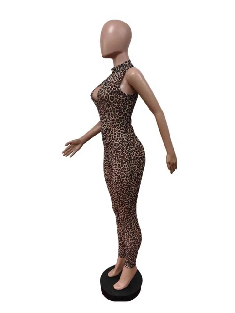 여성을위한 전체 길이 점프 슈트 원피스 스키니 여성 점프 슈트 홀터넥 넥 레오파드 프린트 점프 슈트 도매 Dropshipping