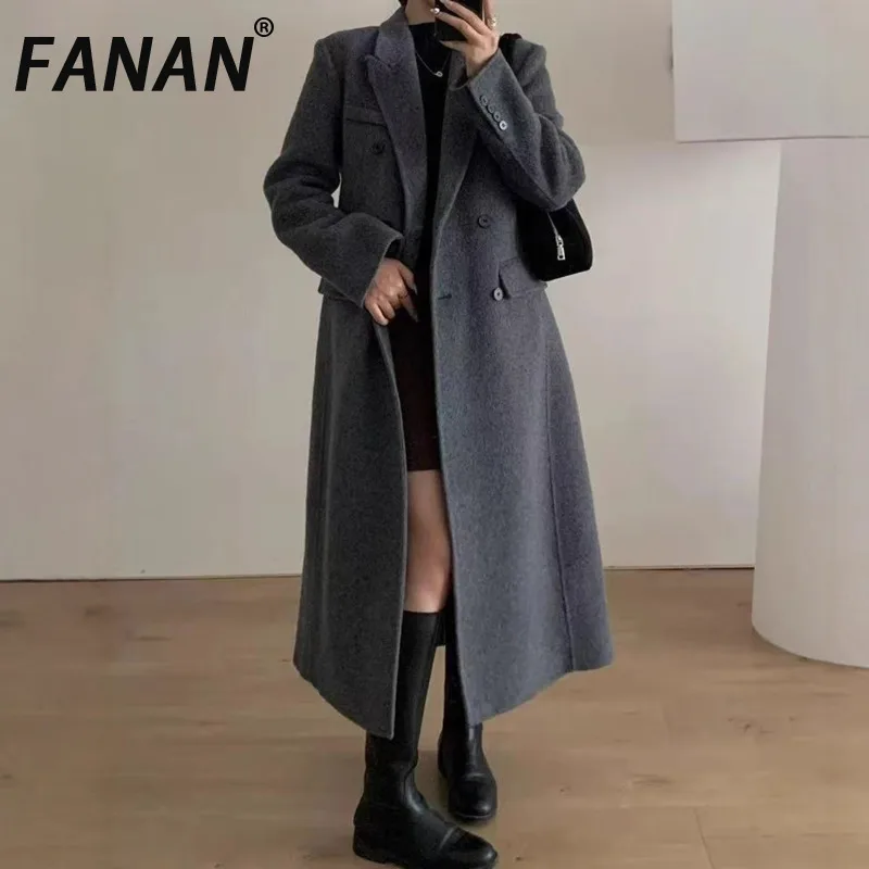 

FANAN Thick Warm Woolen Coats Women's Lapel Double Breasted Gathered Waist Outwear Temperament Jackets Winter New Female