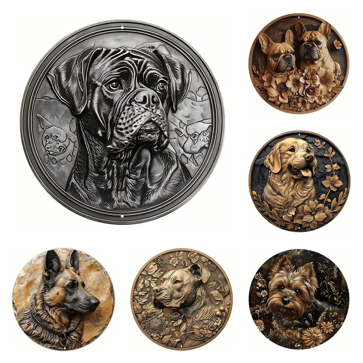 Traditional circular iron signs, multiple wall styles, amusing tin art for home pubs, coffee houses, garages.