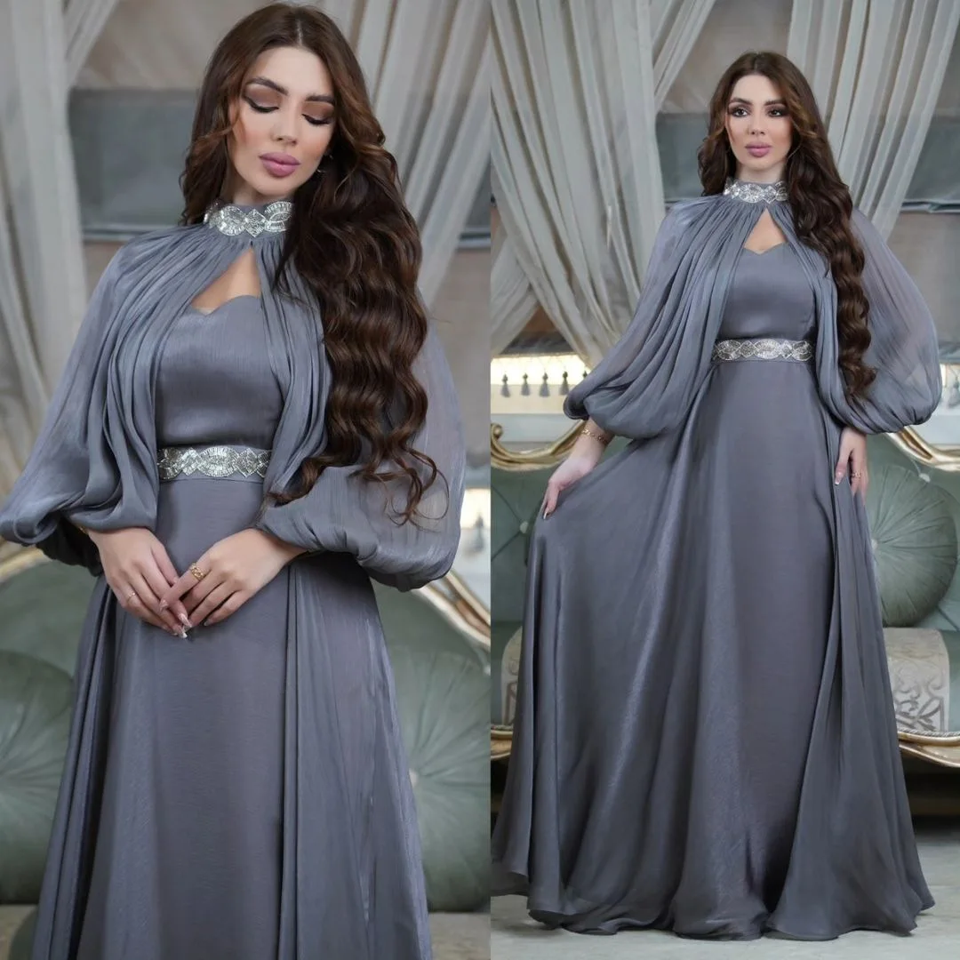 Middle Eastern Muslim Women\'s Two-piece Dresses Diamond Fashion Satin Robe Abaya Long Sleeves Shawl Elegant Evening Gowns