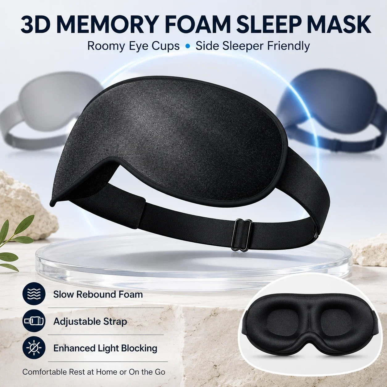 3D Memory Foam Sleep Mask for Side Sleepers Deep Eye Cups Adjustable Strap Light Blocking Eye Mask for Men Women Travel Nap