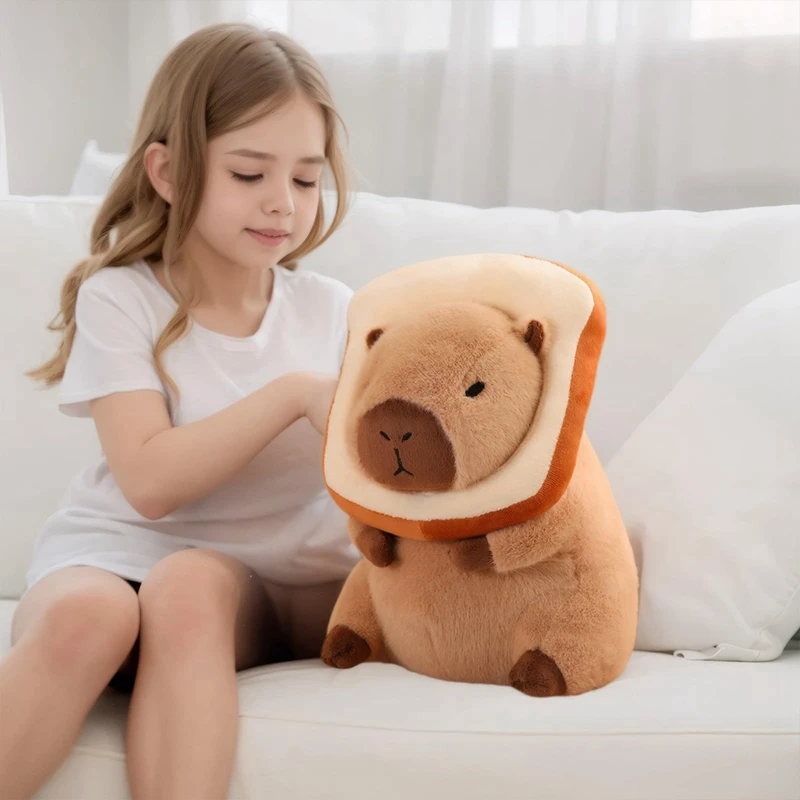 Almofada de pelúcia capivara fofa com pão, boneca macia kawaii, brinquedos bichos de pelúcia