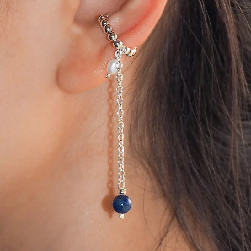 1pcs Lapis Lazuli Stone Clip Earrings for Women Y2K Silver Beads Natural Pearl Non-Piercing Cuff Ear Clip Girl Jewelry Gift