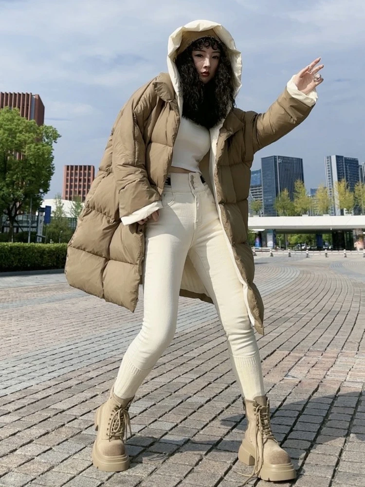 Korean style Contrast color Long puffer jacket for women Oversized 2023 Winter Fluffy Warm Hooded down coat Stylish INKEO 3O235