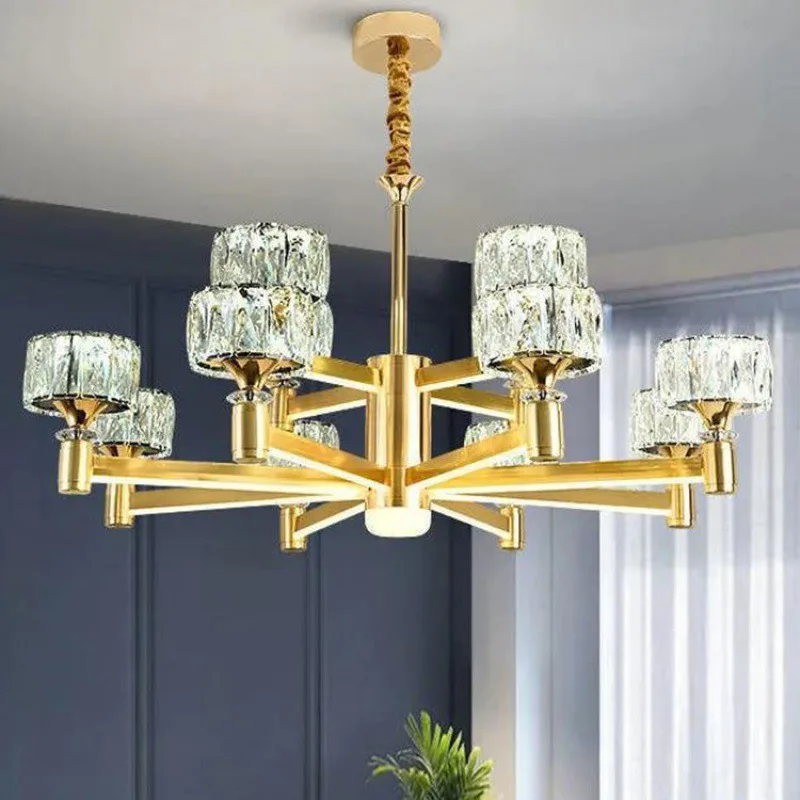 Candelabro de cristal de diseño danés moderno, lámpara colgante de lujo para sala de estar, dormitorio, restaurante, luz LED dorada de múltiples cabezas