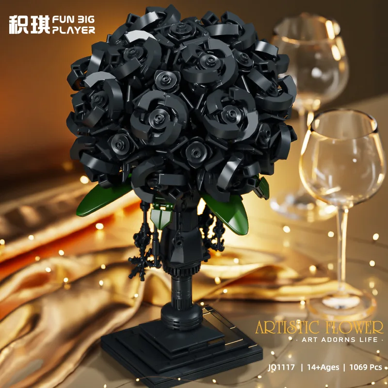 

Simulation Building Blocks Bouquet Model Assembly Black Preserved Flowers Creative Desktop Ornament Educational DIY Toy