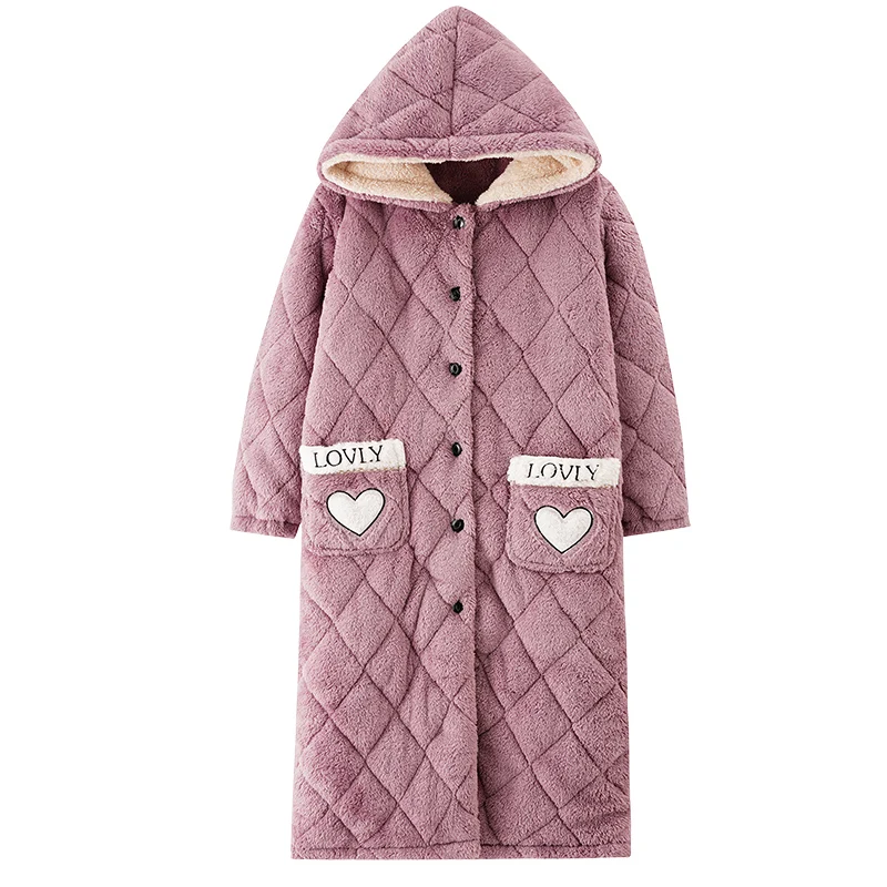 High Quality Robe Thick Warm Women Flannel Robe Winter Nightgowns Comfortable Soft 3 Layer Cotton Bathrobe With Hooded