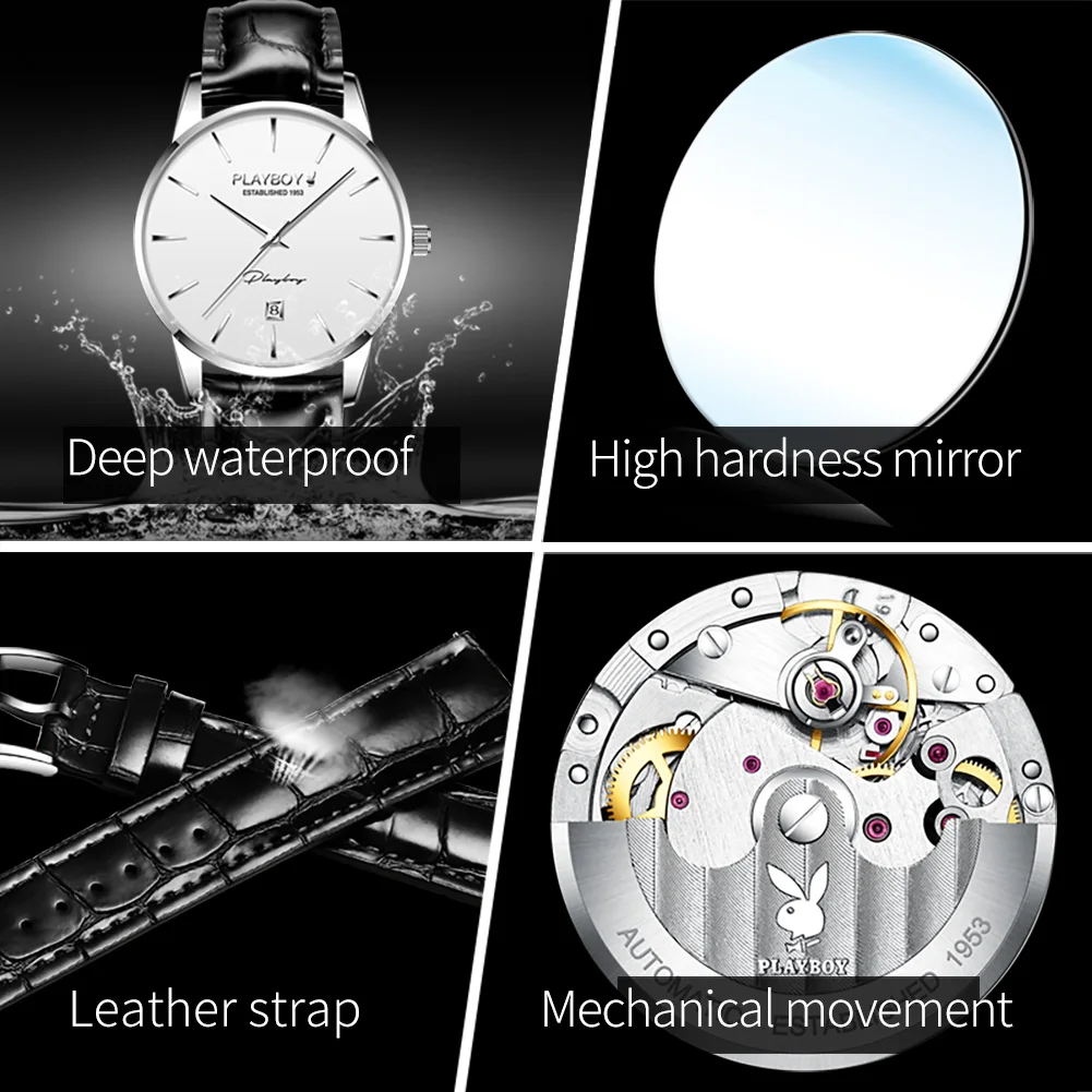 PLAYBOY Original Classic Automatic Mechanical Watch for Men Waterproof Auto Date Wrist Watch Men Fashion Luxury Man Watch