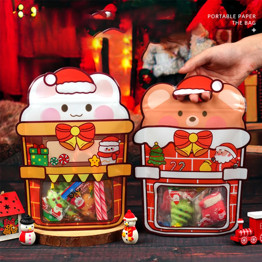 Christmas Gift Bag Cartoon Sealing Bags For Candy Chocolate Cookie Nougat Biscuit Gift New Year Santa Snowman Packaging 10/50pcs