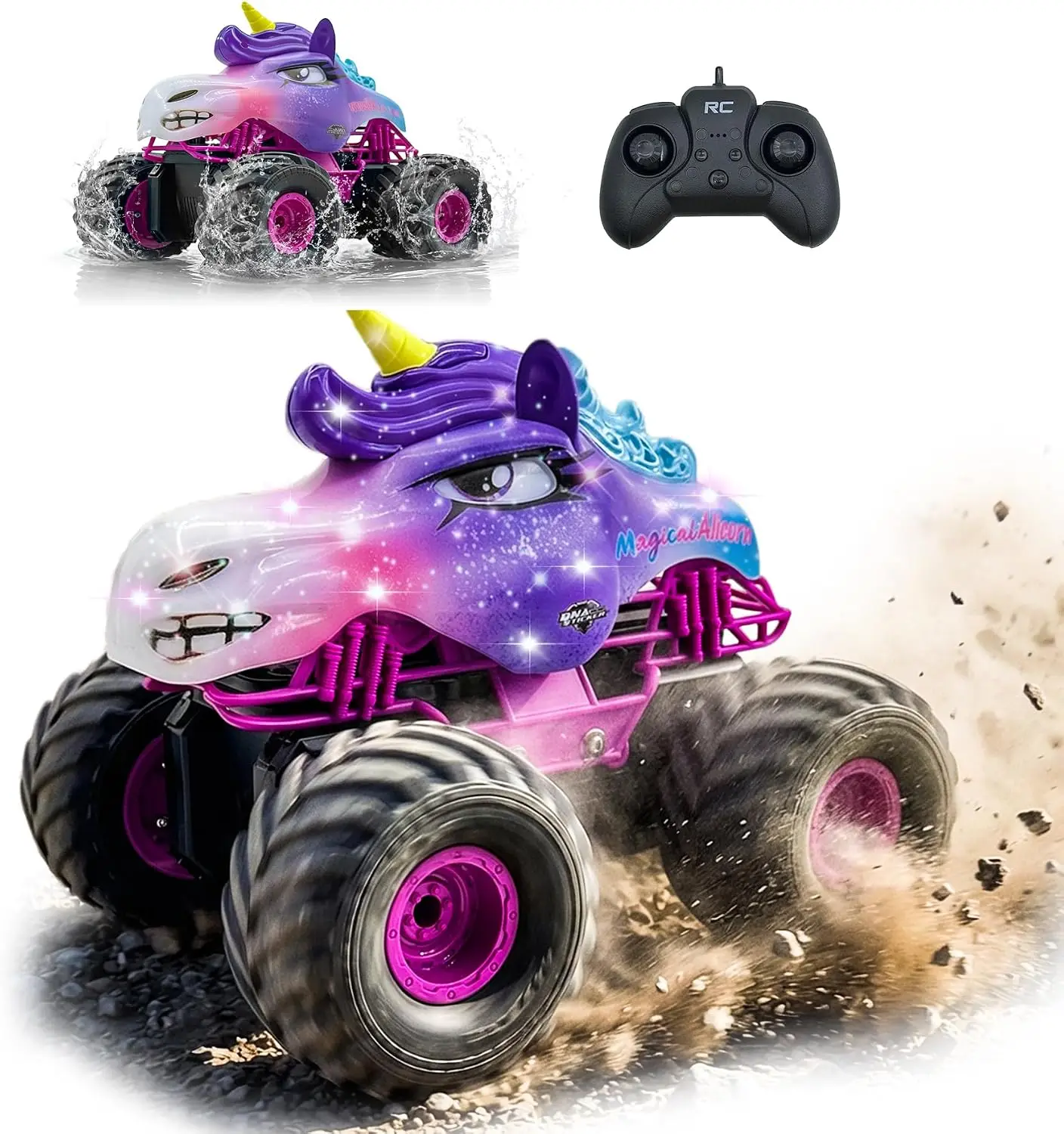 1:18 Amphibious RC Car for Girls - Off-Road Remote Control Truck with LED Lights, All-Terrain Monster Vehicle, 2.4GHz High Speed Crawler Hobby Toy, Includes 2 Batteries, Birthday Gift for Kids Ages 6-12