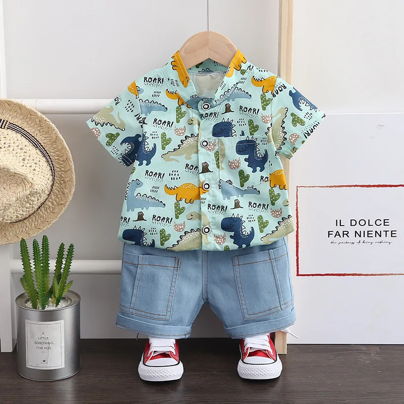 New Children's Casual Set Toddler Cartoon Dinosaur Pattern Shirt Denim Shorts Set Boys Thin Short Set Young Kids Set Handsome
