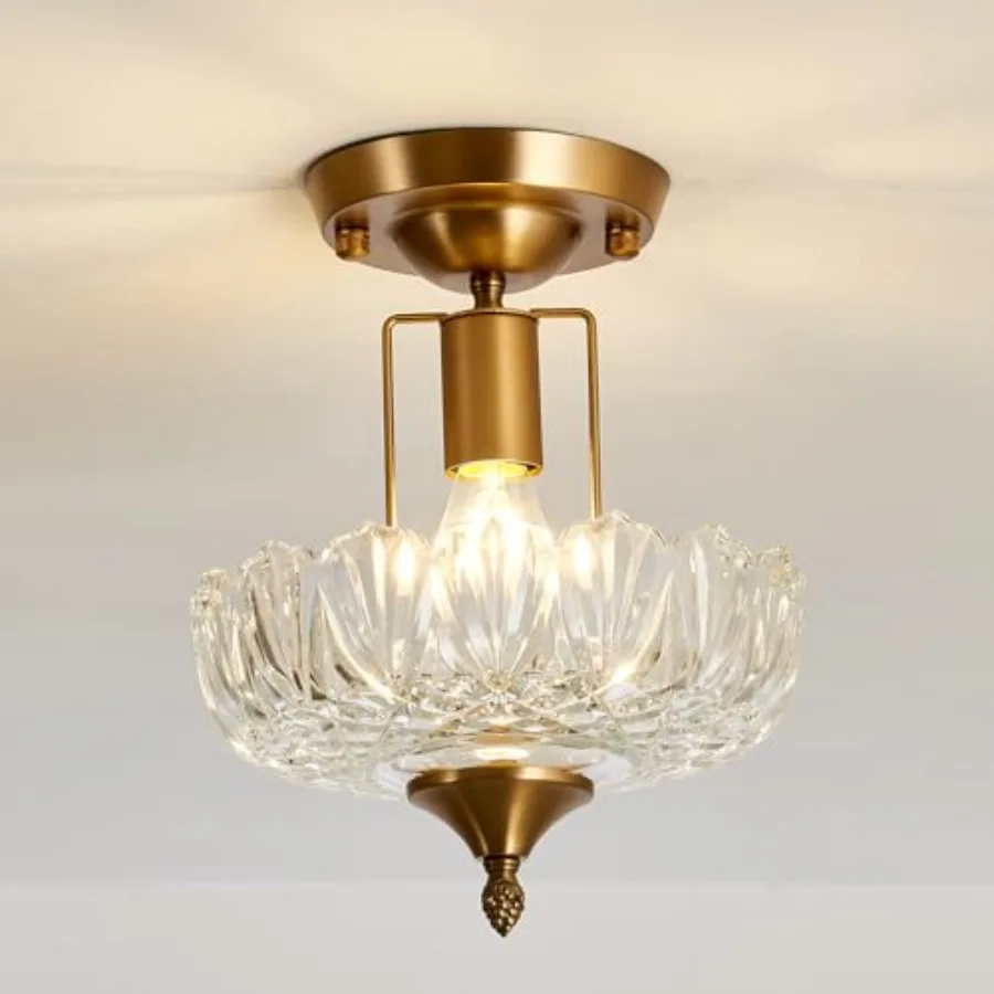 

Vintage Semi Flush Mount Ceiling Light Fixture Clear Glass Shade Antique Brass Small Chandelier Flower Close to Ceiling Light f