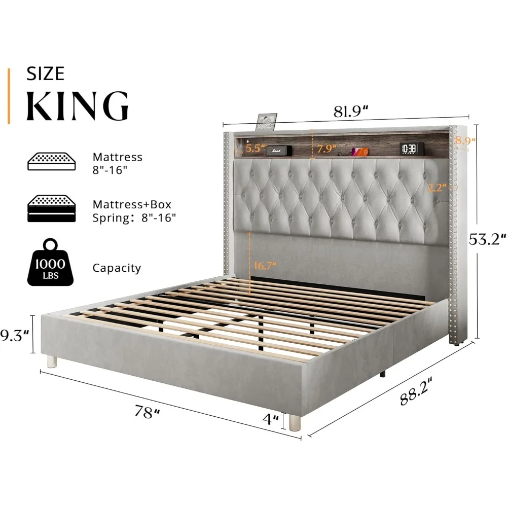 King Size Bed Frame 53.6'' Tall Headboard LED & Charging Station Velvet High Upholstered Platform Bed Wingback Storage Bed Frame