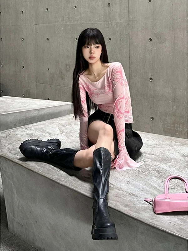 Pure Desire Sexy Spicy Girl Mesh Long Sleeve T-Shirt Women Summer New Pink Thin Slim Fit Sun Protection Top Cotton 100%