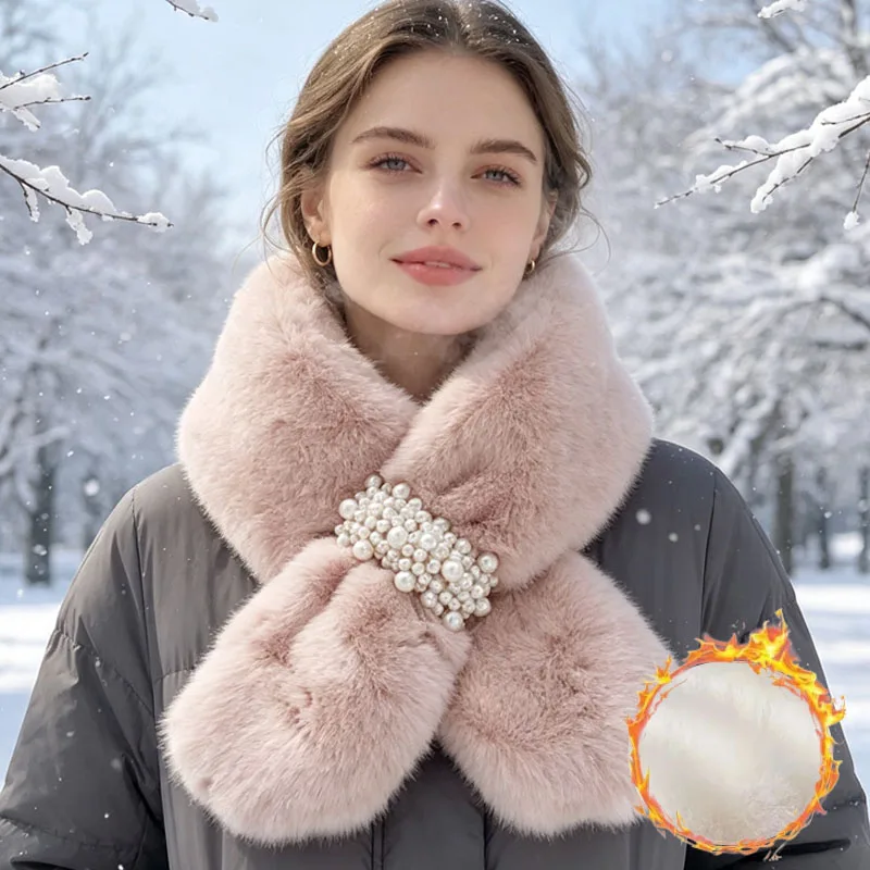 1-4PCS Faux Rabbit Fur Collar Neck Warmer for Women Cross Design Pearl Accent Warm Winter Wrap Korean Style Soft and Cozy