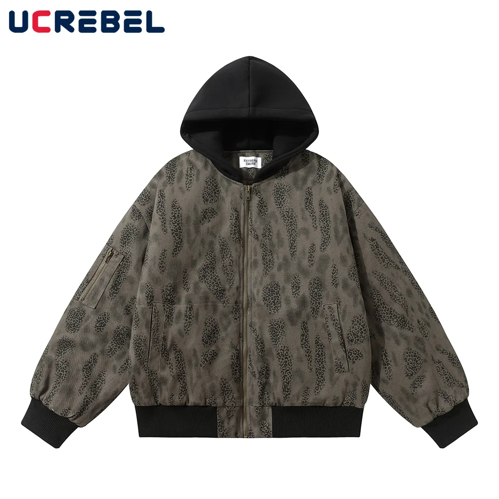 Snake Print Quilted Jacket Mens Spliced Hooded Retro High Street Autumn Winter Pocket Long Sleeve Thick Outerwear Men