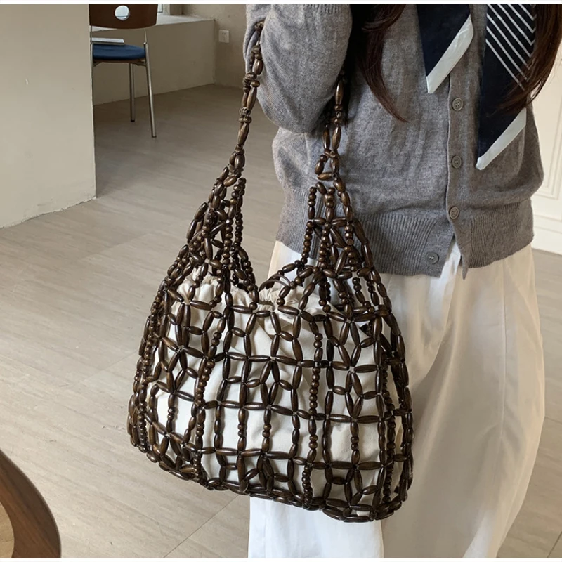 

Vintage Openwork Beaded Shoulder Bag Brand Designer Large-capacity Tote Bag High-end Hand-woven Wooden Bead Bag Women's Handbag