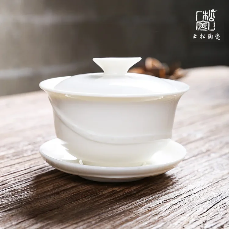 Ceramic Whiteware Cover Bowl Ivory White Three-Force Bowl Cup with Cover Jade Porcelain Kung Fu TeaSet Gift for Boyfriend Gaiwan