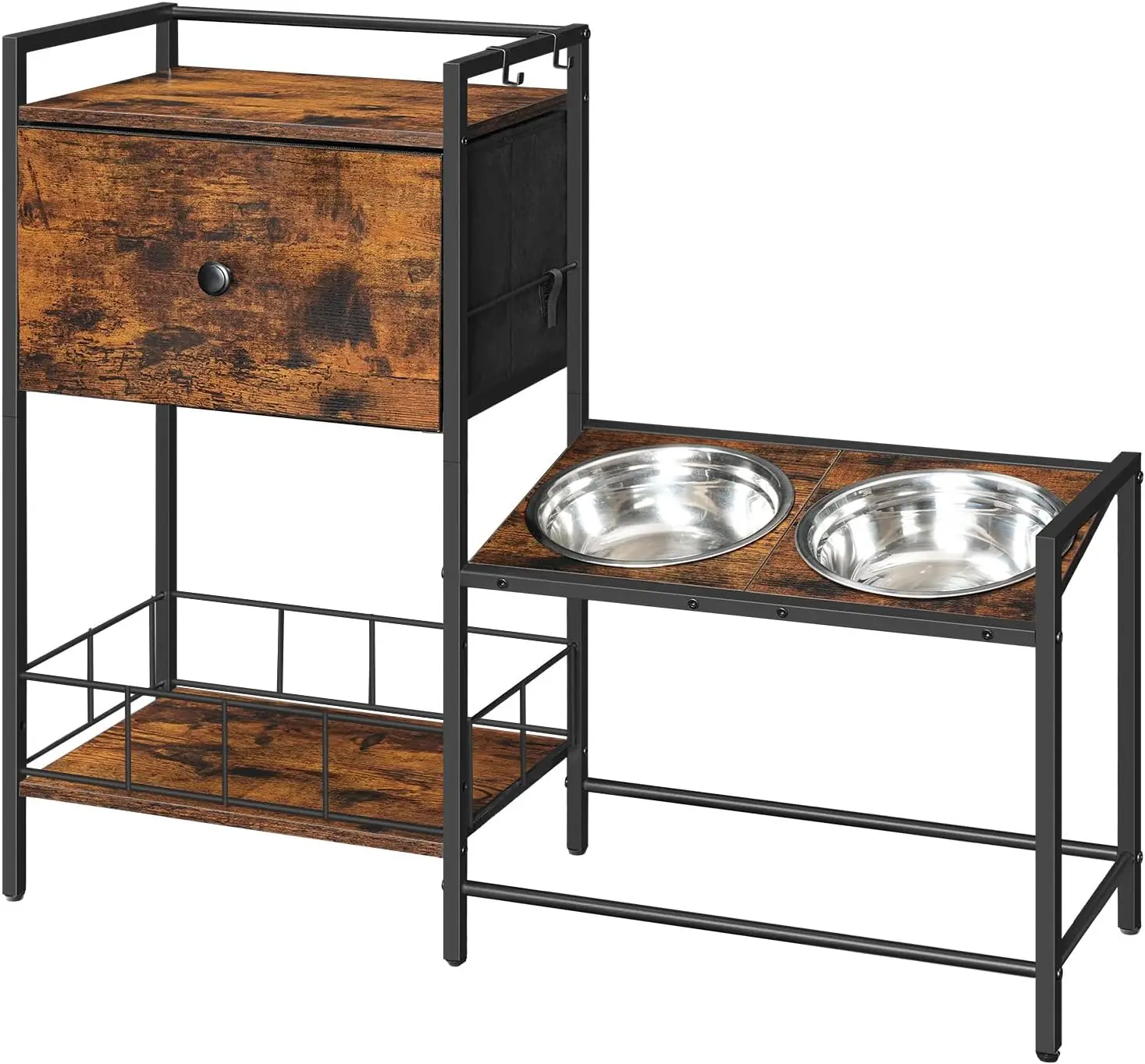 

Регулируемая подставка для мисок для собак с местом для хранения, миски из нержавеющей стали для крупных и средних пород, цвет рустик-коричневый и черный