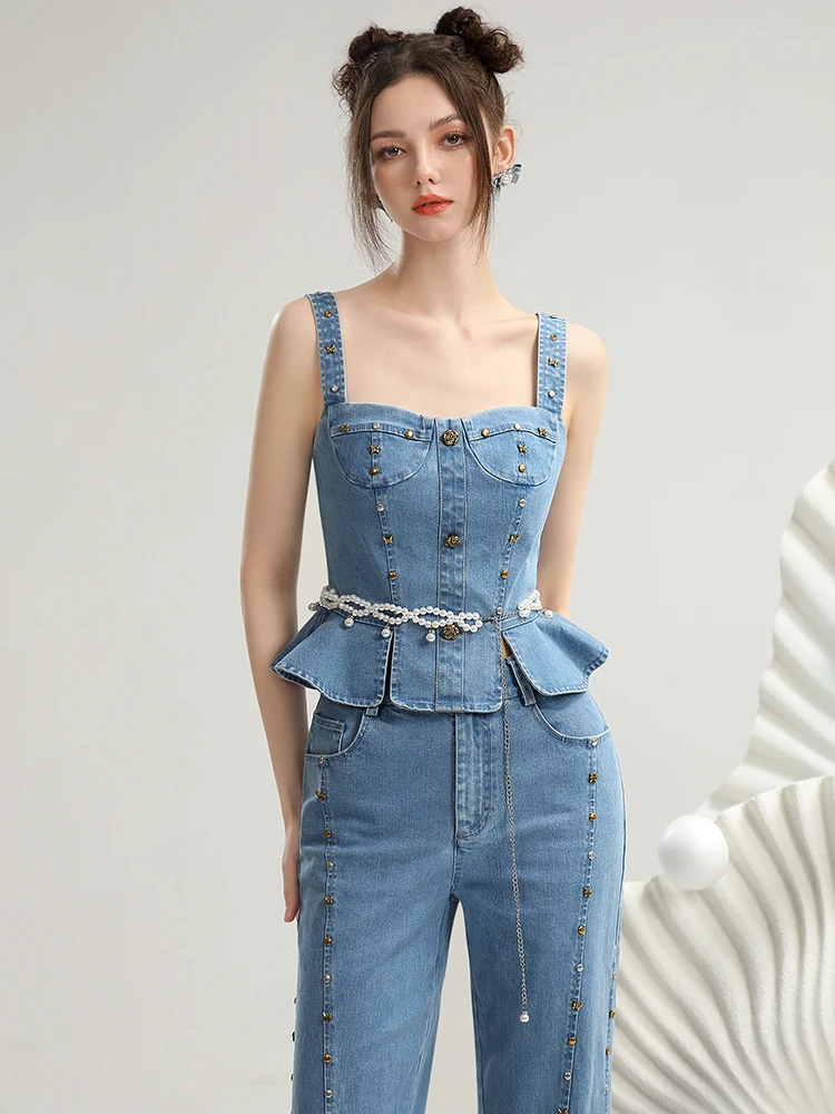 Designer Model High Street Retro Rivet Denim Vest Pants Set 2024 Summer New Fitted Waist Vest Suspenders Waist Chain Jeans Women