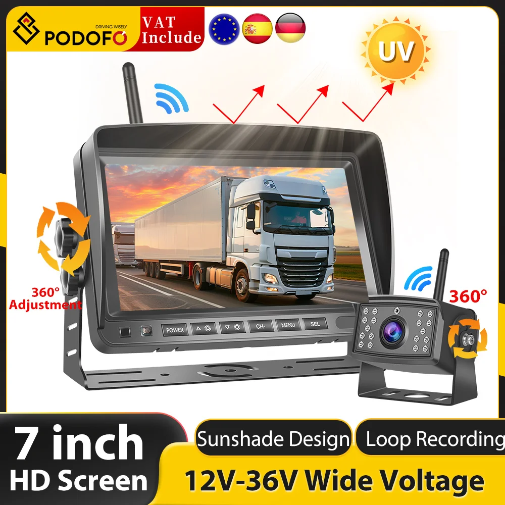 Podofo 7-inch high-definition wireless display reversing camera infrared night vision cameras with video recording function