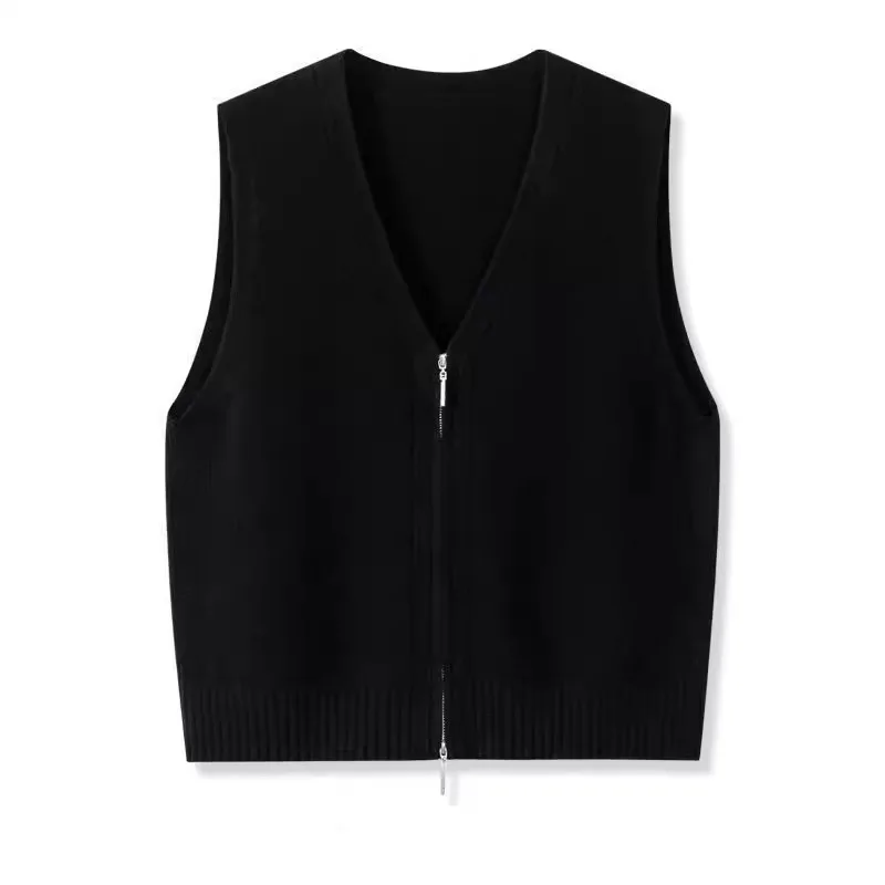 Fashionable Double Zipper V-Neck Knitted Vest Women's Spring Autumn Layering Sweater Backless Top Commute Style Regular Length