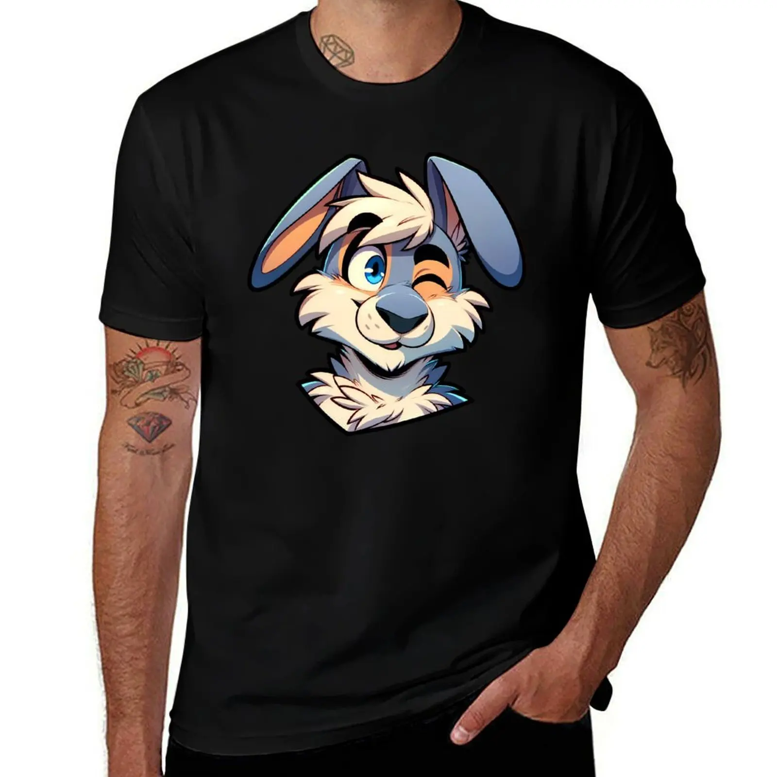 Cute Winking Anthro Furry Rabbit Art T-Shirt Basic Simple Casual Short Sleeve Tee T-Shirt