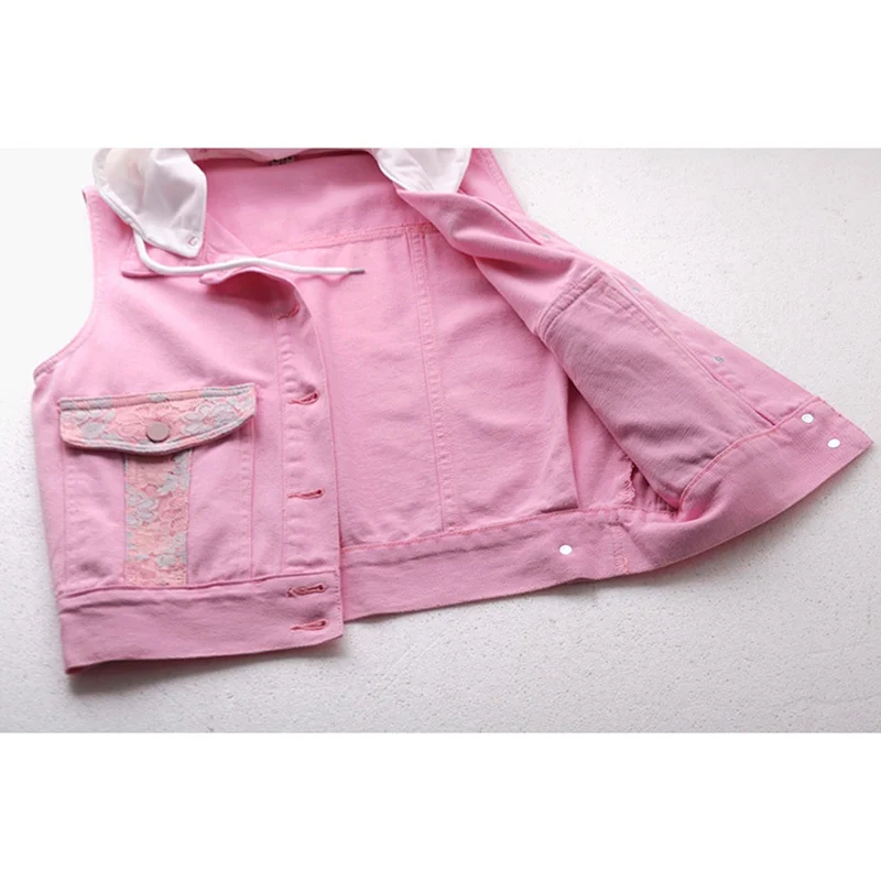 Removível com capuz curto denim colete feminino sem mangas jaqueta casaco branco rosa renda bordado jeans colete feminino streetwear