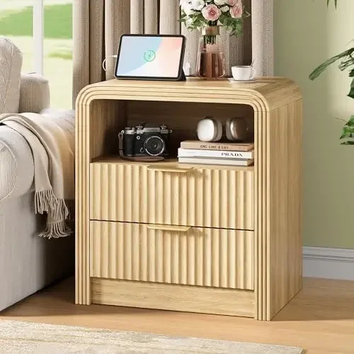 Fluted Nightstand Set of 2 with Charging Station, 19.7'' Wide Morden End Table with USB/Type-C Ports, 2 Drawers & Open