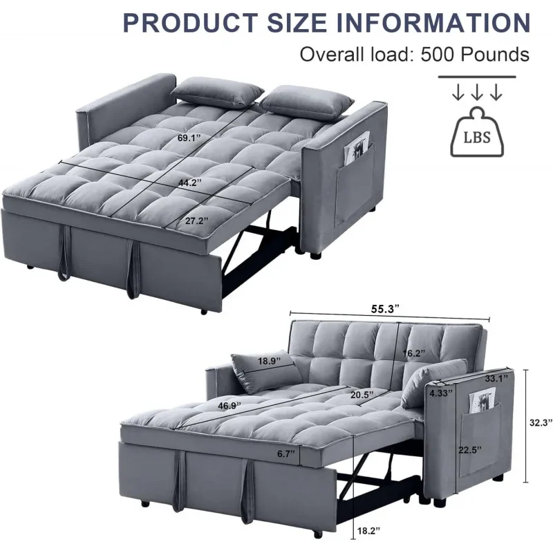 3-in-1 Pull Out Couch,55.3'' Convertible Futon Bed,Velvet Sleeper Loveseat with Pillows,Pockets,Small Sofa Cama for Living