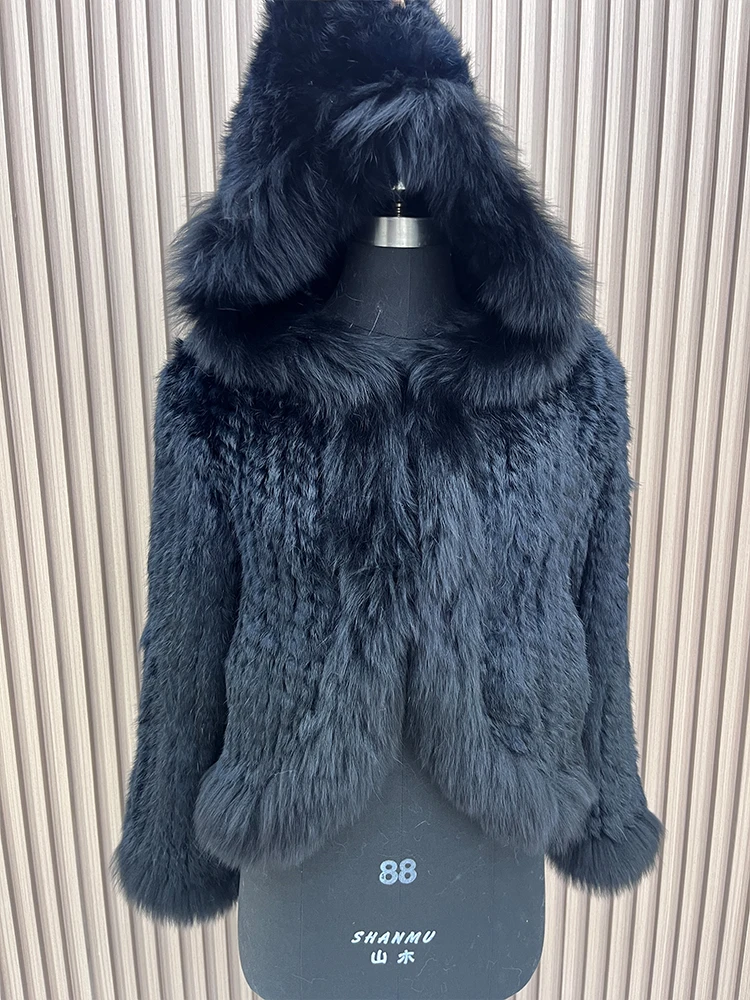 New Women's Natural Rabbit Fur Coats Knitted Real Fox Fur Hooded Jackets Luxury Female Overcoat Clothing