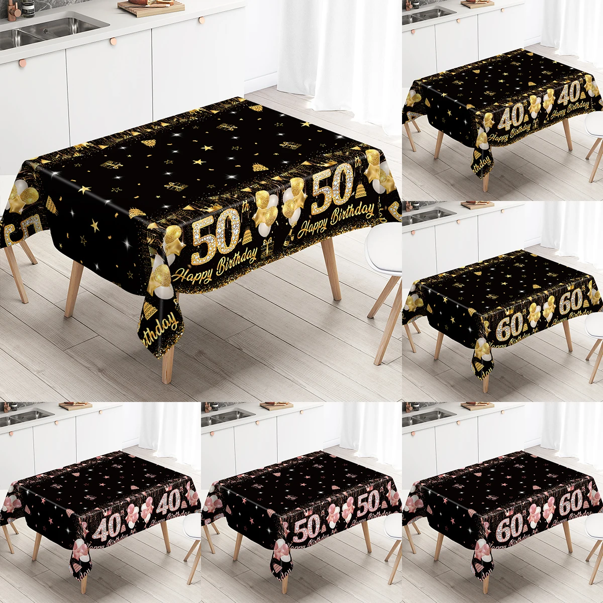 Black Gold Birhtday TableCloth Happy 40th 50th 60th Birthday Party Decoration Adult 40 50 60 Year Old Birthday Party Supplies