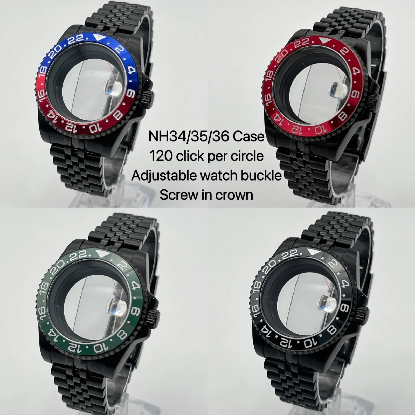 

40mm NH35 case 10ATM waterproof black PVD stainless steel jubilee strap set GMT bezel for NH34/NH35/NH36 automatic movement