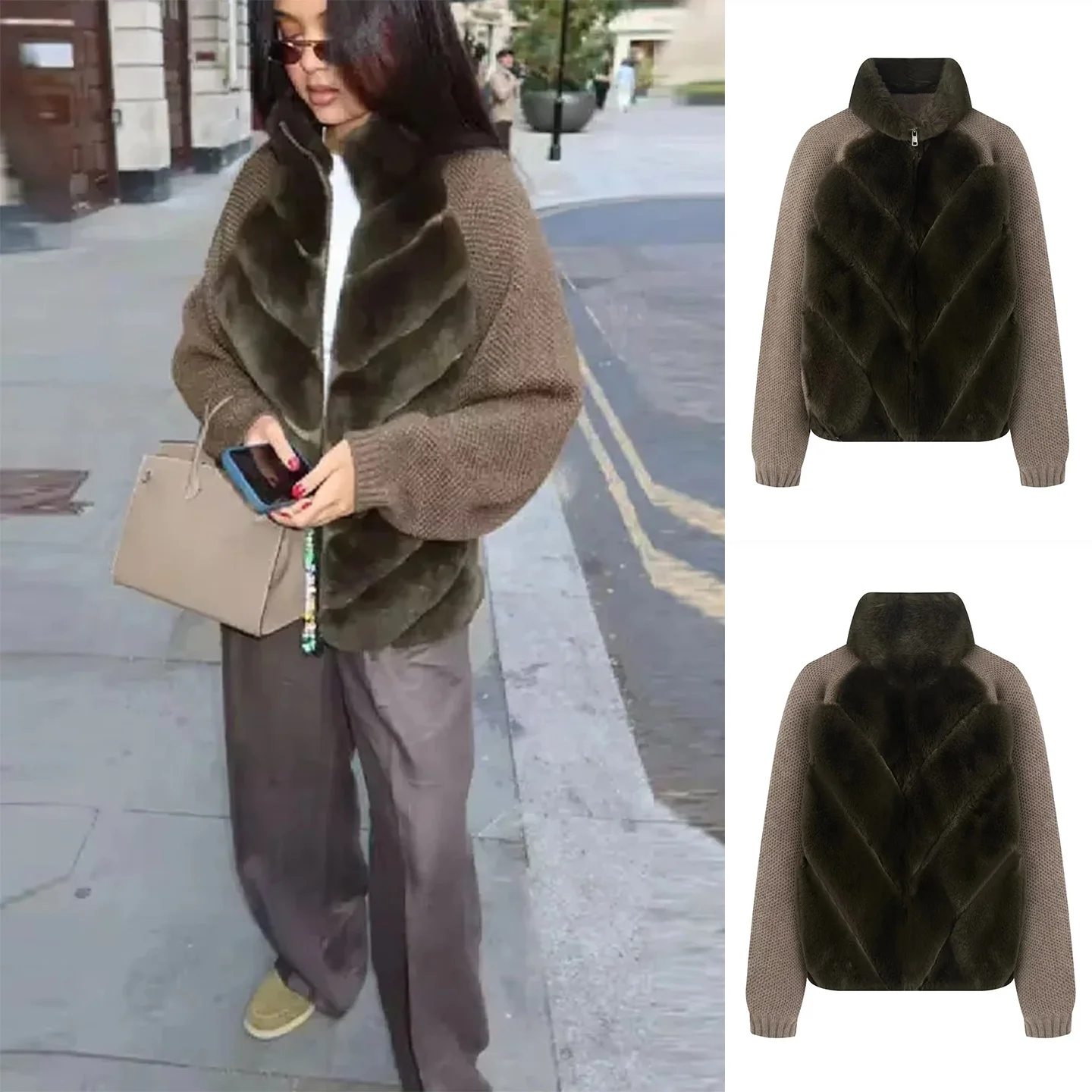 

Spring Summer New Women's Simple Stand Collar Long Sleeve Zipper Style Faux Fur Effect Patchwork Knitted Coat Outerwear
