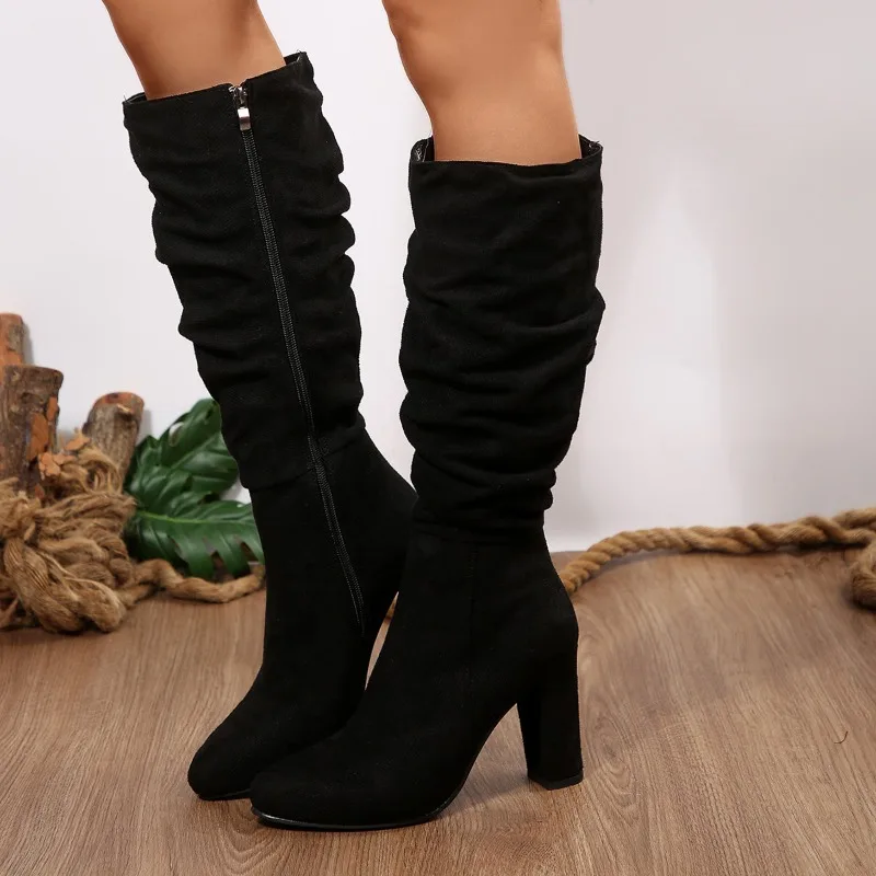 Kniehohe Plissierte Schuhe mit Blockabsatz für Damen, Sanfter Wind, seitlicher Reißverschluss, gestapelte hohe Stiefel