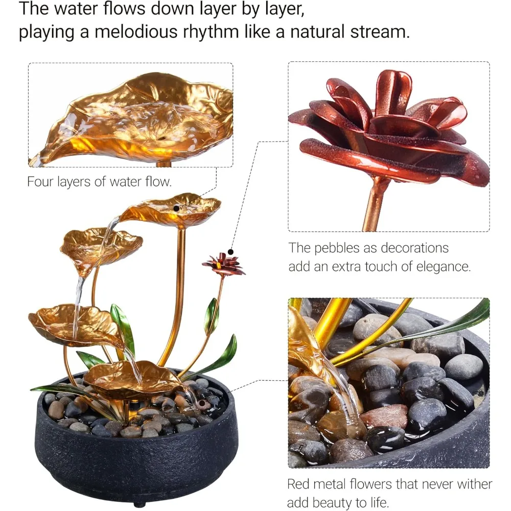 ميزة مياه زن على سطح الطاولة المعدنية لوتس مع ضوء دافئ لديكور المنزل والمكتب وأجواء الاسترخاء #3