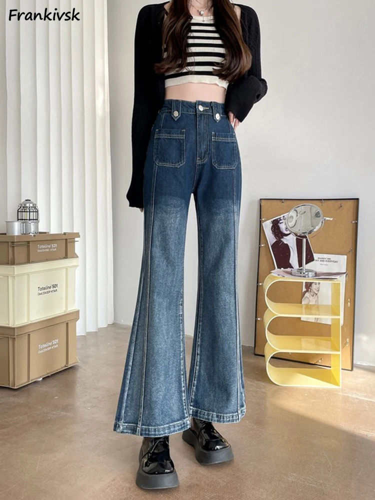 

Gradient Color Flare Jeans Women Spring Autumn Washed Vintage High Waist Button Korean Style Fashion All-match Loose Simple