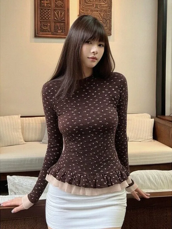 

Женская удлиненная футболка больших размеров с цветочным кружевом, облегающая, базовая, двухслойная, осенне-зимняя, повседневная