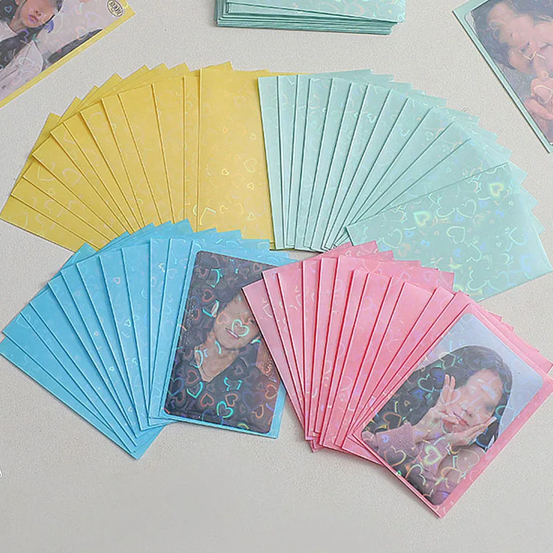 50pcs Aesthetic Pastel Heart Holographic Card Sleeves Waterproof Clear Photocard Protector Bags for Idol Cards Trading Cards