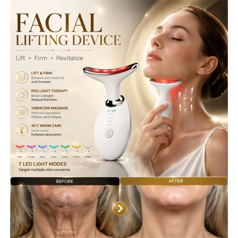 Hot Neck Facial Lifting Device EMS Microcurrent LED Photon Therapy Vibration Face Neck Massager Anti Wrinkles Tightening Skin