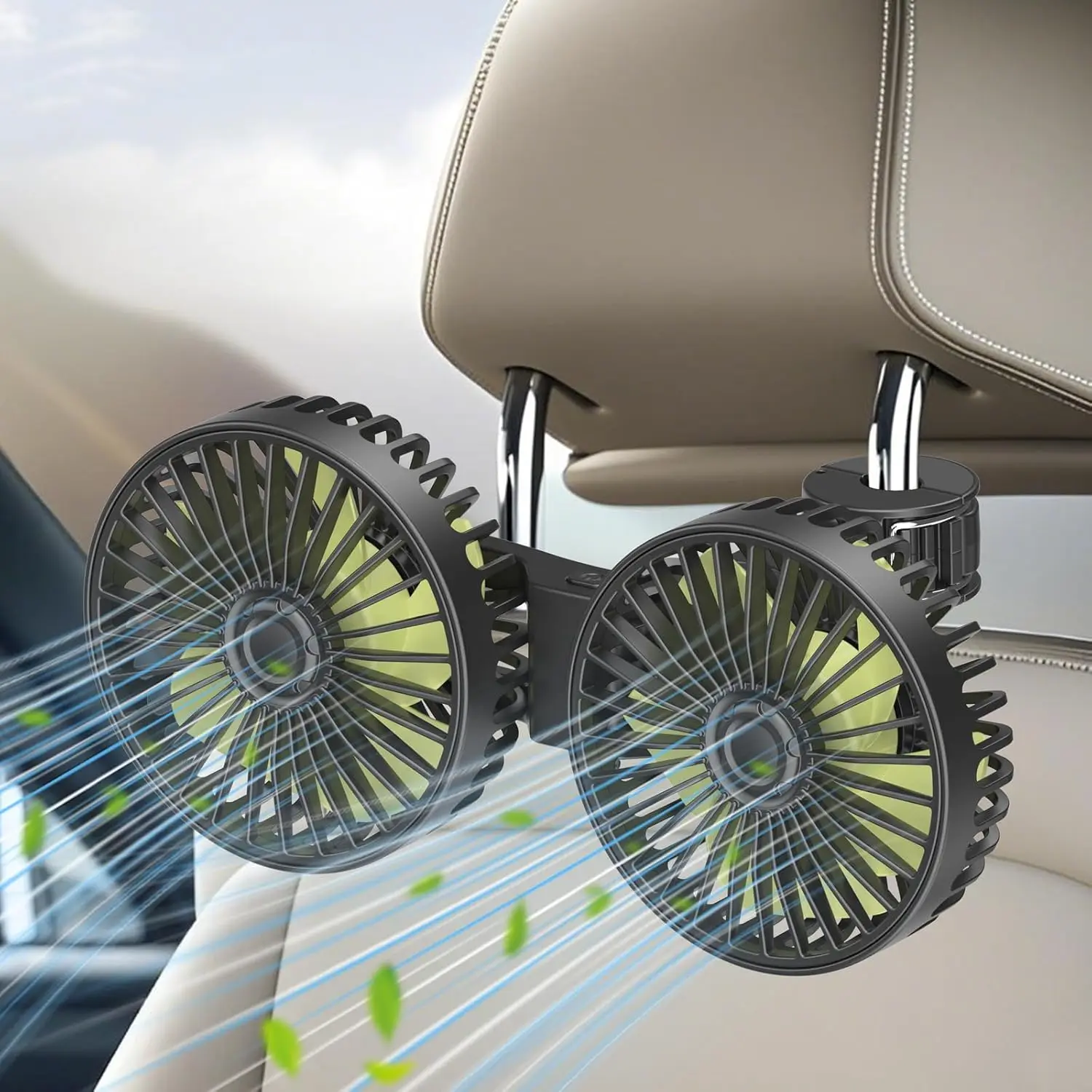 Car Fan For Backseat, Dual Head USB Vehicle Seat Fans, 3 Speeds Strong Wind 360° Rotatable Auto Rear Headrest, Air Circulation A