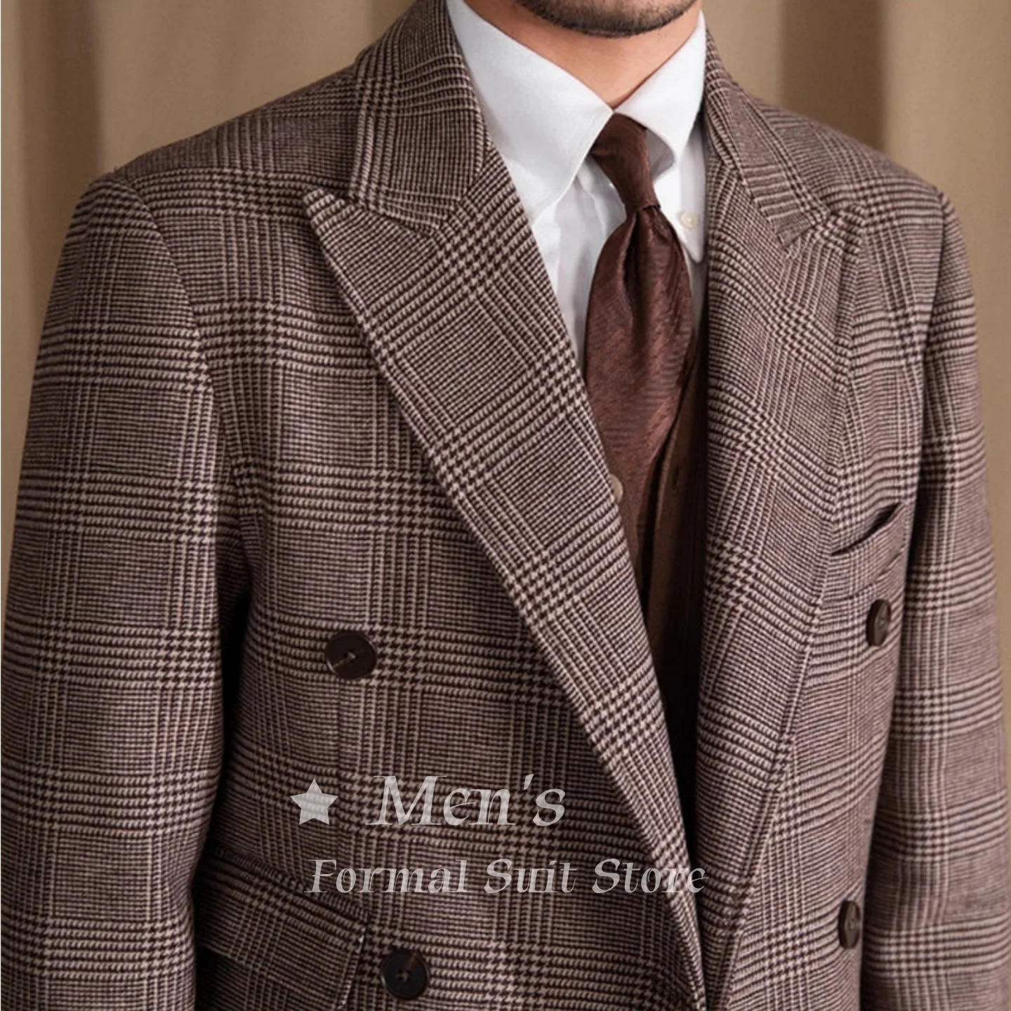 

Brown Men's Double Breasted Wool Blend Polo Coat Brown Plaid Peak Lapel Overcoat Formal Business Winter Trench Customized
