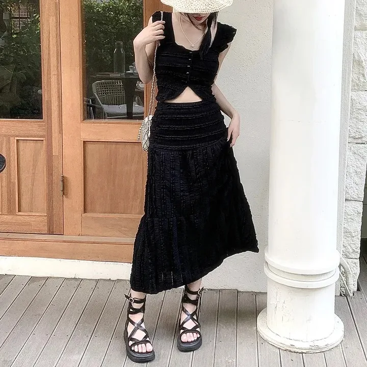 

Korean Design ort Lace Crop Top High Waist Skirt Two Piece Set Women Summer Faion Ele Lady Sle f Body Skirt