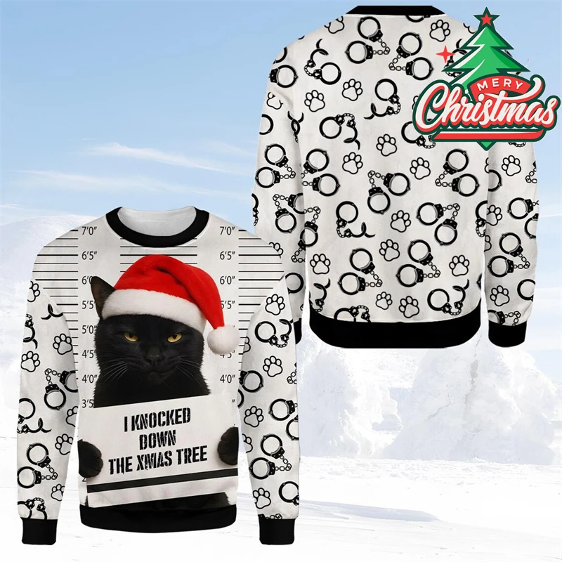 New Cute Cat Pet Print Design Ugly Christmas Sweater Men Humour Fitness Cat Pattern Pullover Sweater New Year Style Sweatshirt